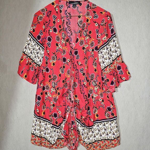 Suzanne Betro Red Boho Wrap Tunic Top Womens Large Lightweight Festival Duster - Picture 10 of 12